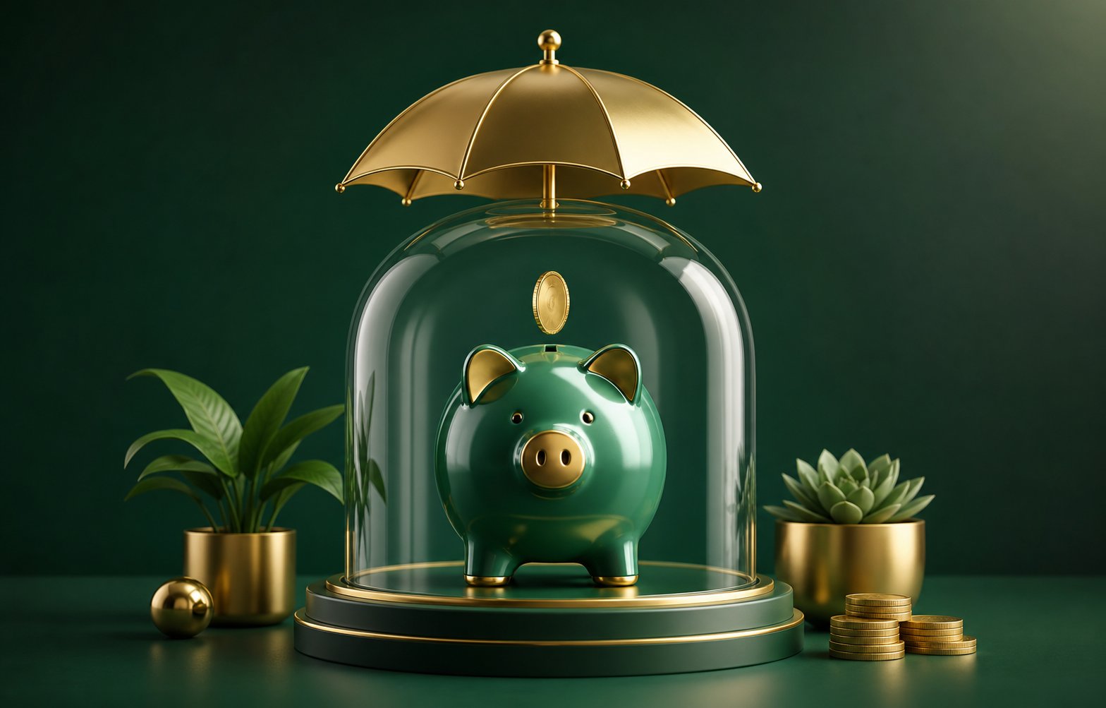 Emerald piggy bank under a glass dome with a golden umbrella