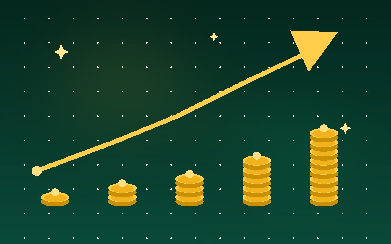 Golden coin stacks rising like stairs toward an upward gold arrow