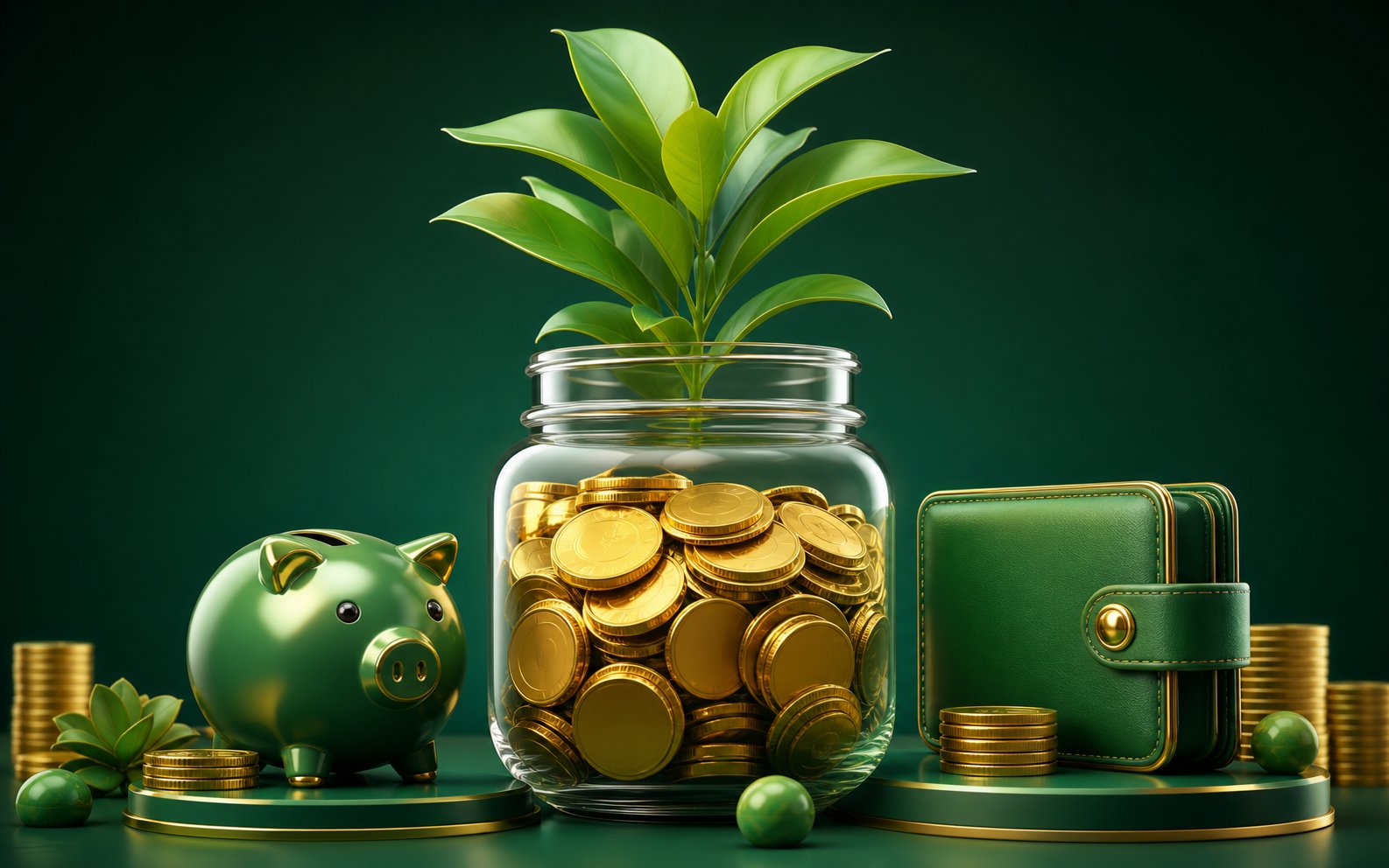 Glass jar full of golden coins with a green plant sprouting from the top