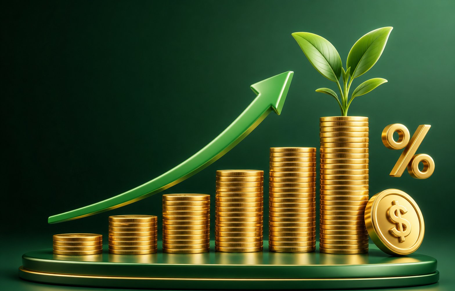 Golden coins growing like a chart with a rising green arrow — Money Saving Growth