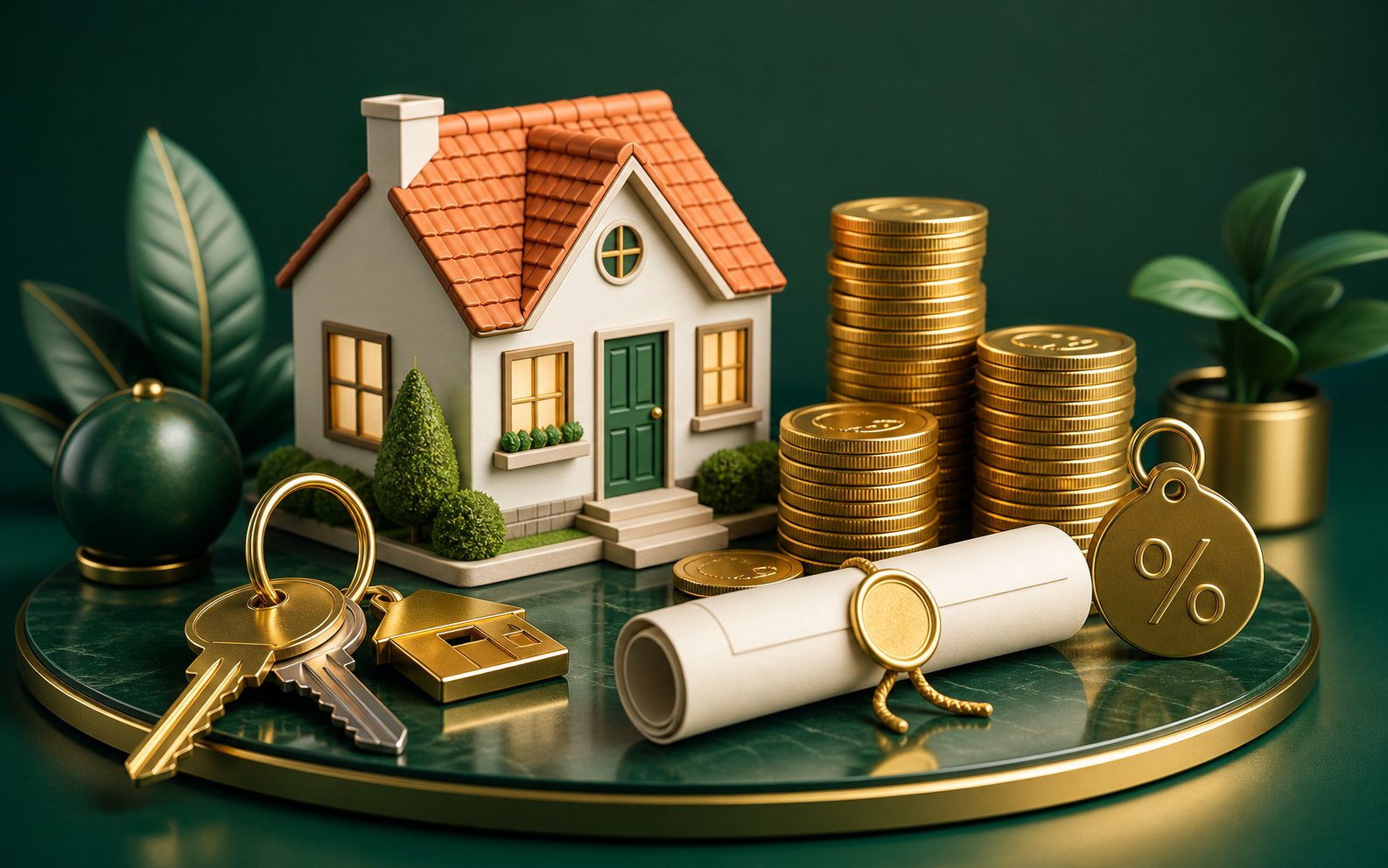 Mortgage Loan β miniature house with keys, coins and contract