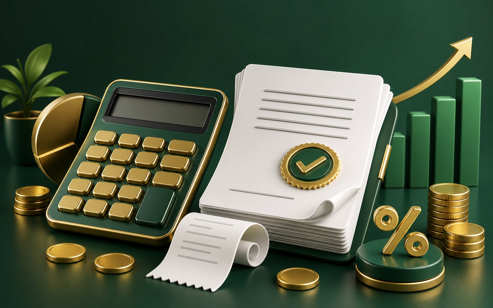 Tax Advisory β calculator with golden buttons and stamped documents